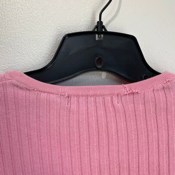 Vintage 90s Y2K Express Ribbed Long Sleeve Pink Cardigan Sweater Sz L - Picture 7 of 8